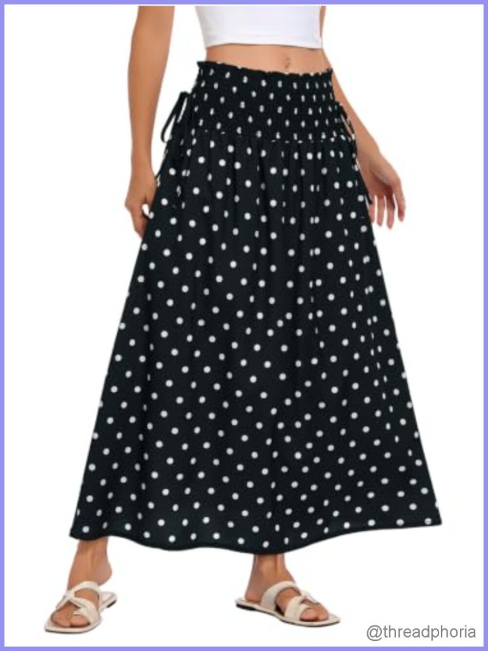 Womens Polka Dot Smocked Maxi Skirt Flowy Boho A-Line Vacation - Picture 2 of 6